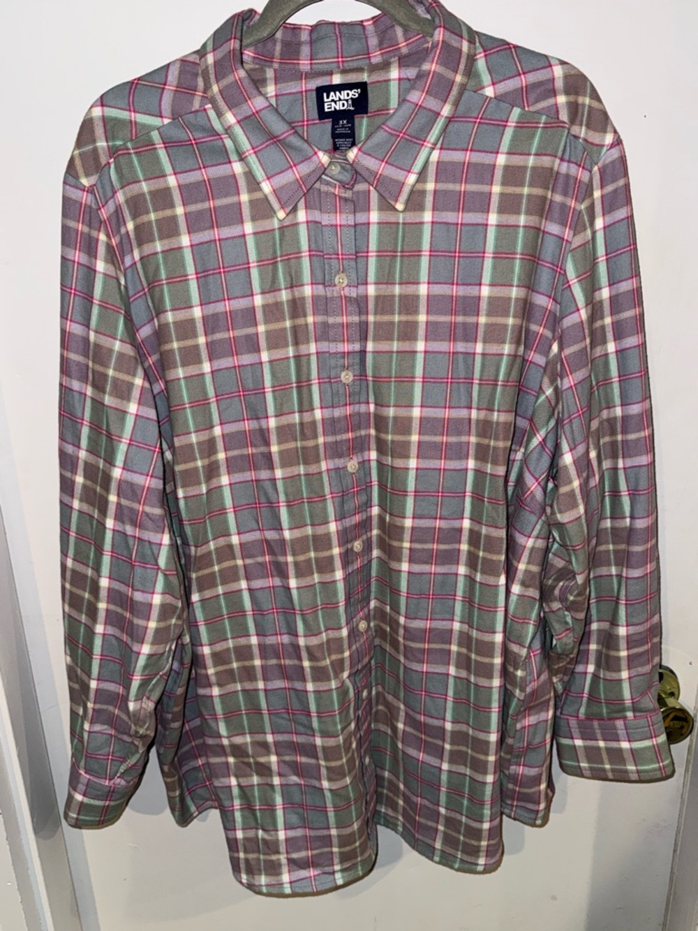 Lands' End Women's Plaid Button-Down Shirt in Soft Green, Lavender Cream & Pink